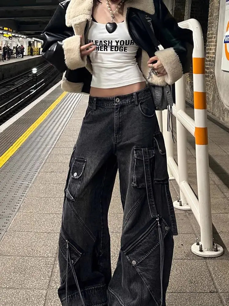 Vintage Schnür-Jeans mit hohem Bund im Emo-Stil