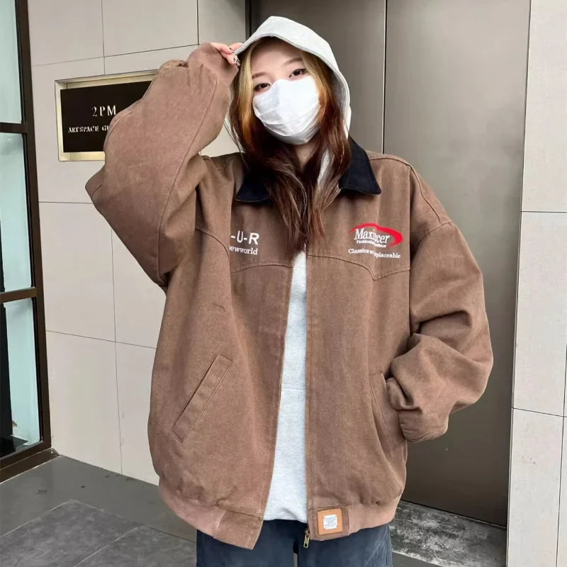 Veste en jean premium délavée à revers brodé