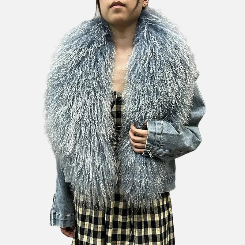 Veste en jean élégante à col en fausse fourrure mongole