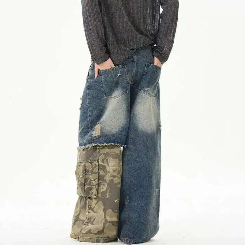 Langlebige Jeans mit Retro-Camouflage-Print und Spleißdesign