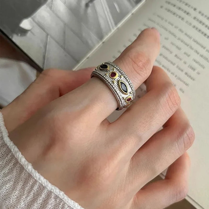 Bague ouverte créative à rayures de zircon multicolores