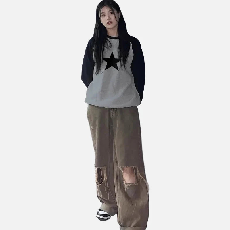 Gothic Oversized Langarmshirt mit Kontrastfarben
