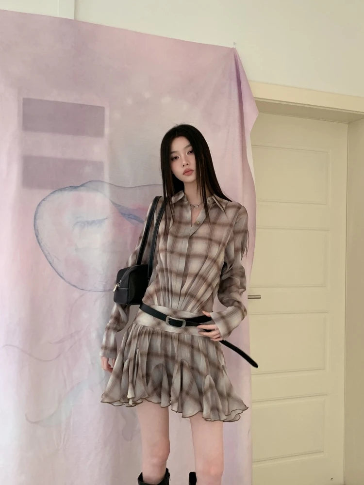 Brown Plaid Ruffle Mini Dress