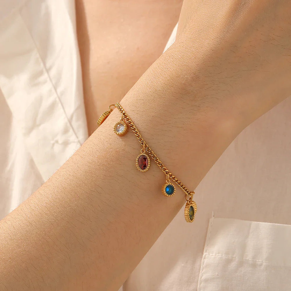 Bracelet ovale en acier inoxydable orné de strass colorés