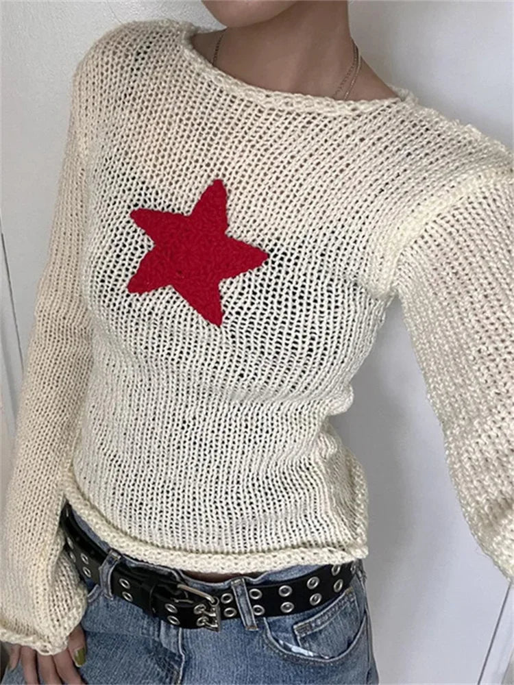 Y2K Streetwear Star Pattern Knitted Crew Neck Sweater