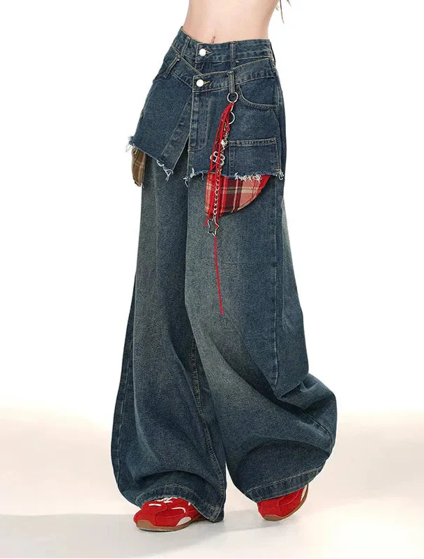 Beliebte Patchwork-Jeans für Damen mit weitem Bein