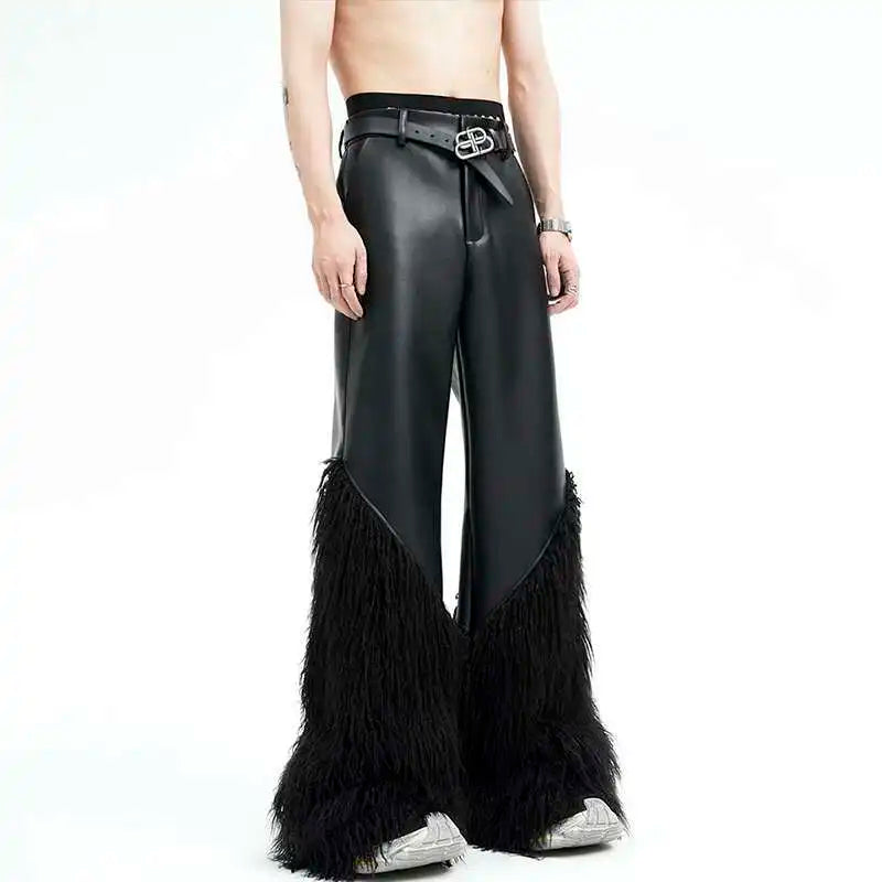 Pantalon en cuir à jambes larges patchwork tendance