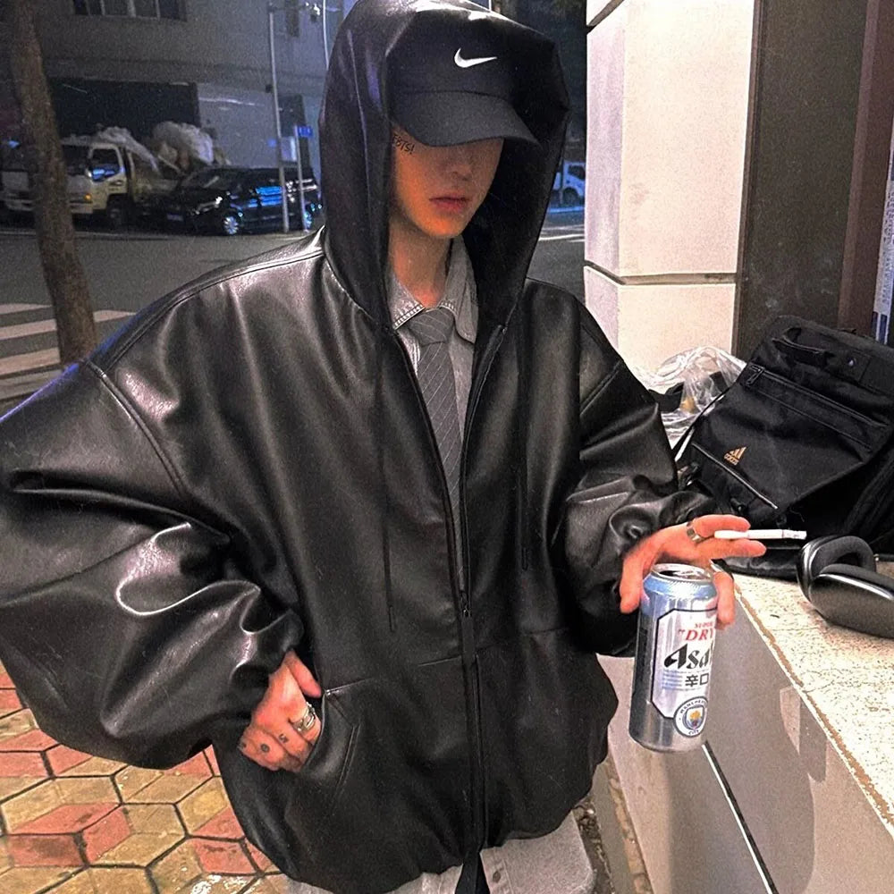 Schwarzer PU-Windbreaker-Mantel mit Reißverschluss, Lederjacke
