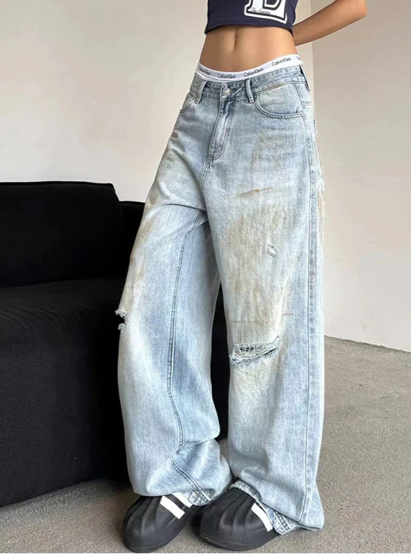 Schicke, verwaschene High-Waist-Jeans im koreanischen Stil mit Used-Look