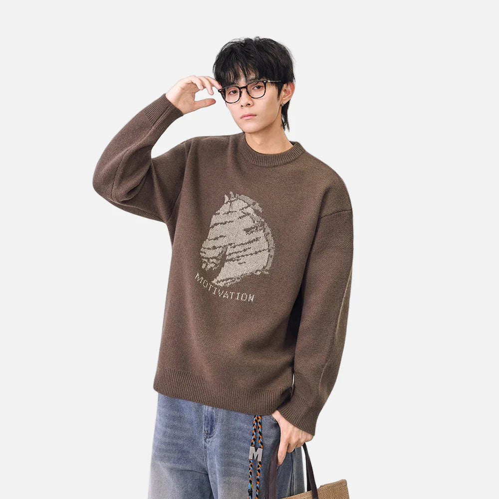 Gemütlicher Winterpullover mit Pferdemuster und Rundhalsausschnitt