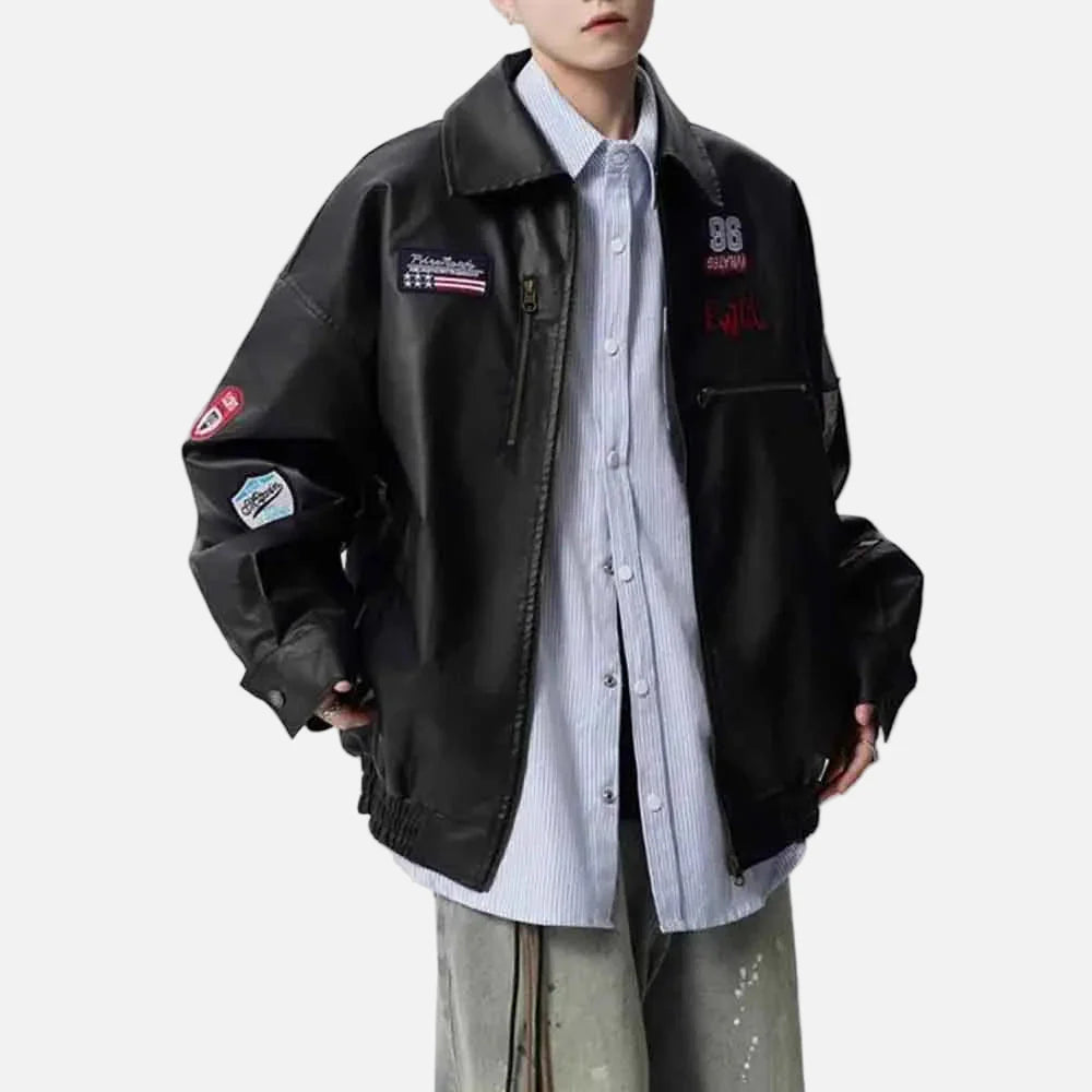 Veste de course en cuir brodé rétro tendance