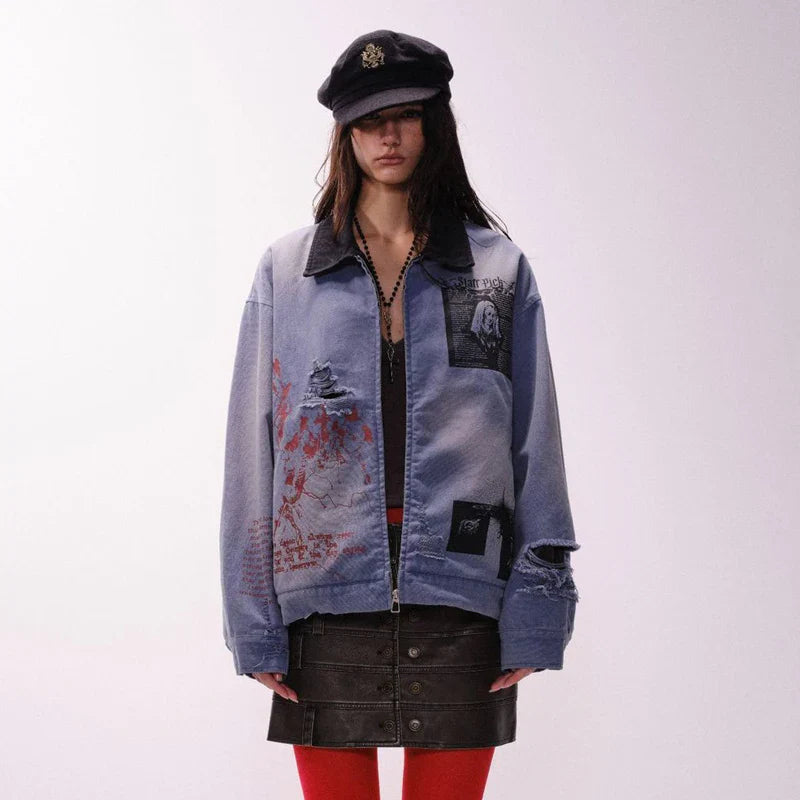 Trendige Streetwear-Jeansjacke in Blau im Used-Look