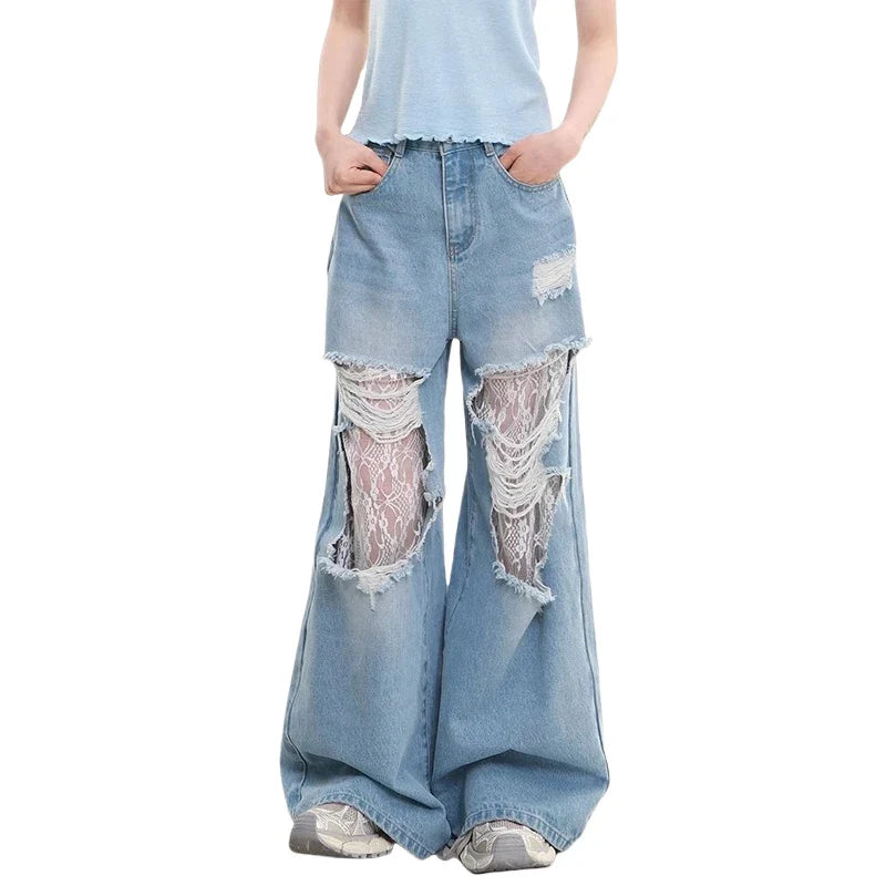 Damen Vintage-Jeans mit Spitze, lockerer Passform, weit geschnitten