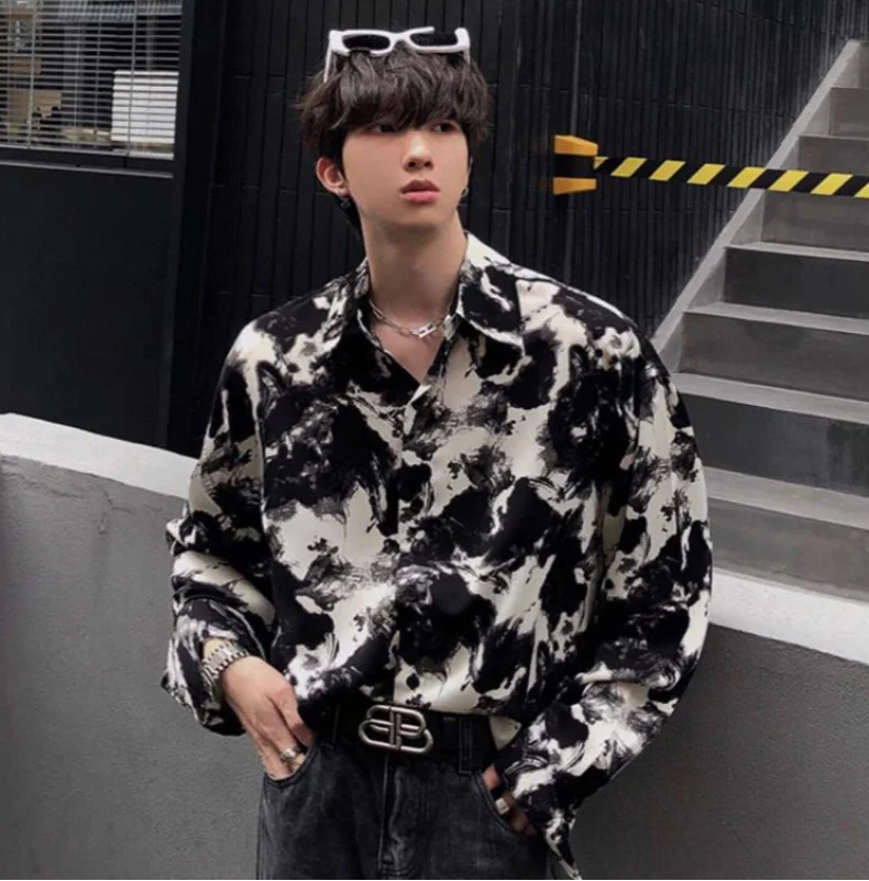 Chemise longue décontractée style coréen foncé à motifs à l'encre