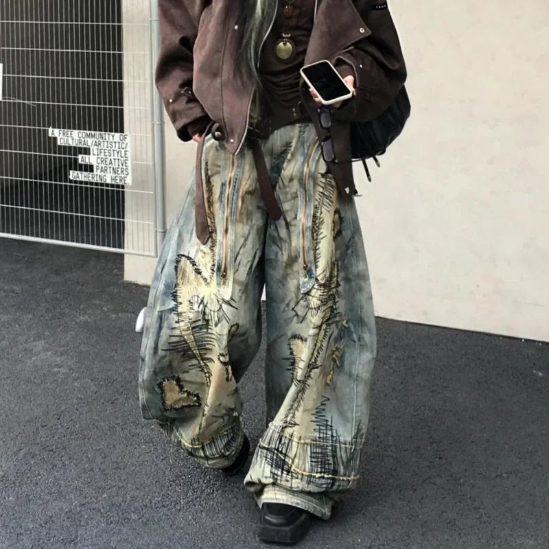 Übergroße Jeans im amerikanischen Stil mit Stickerei