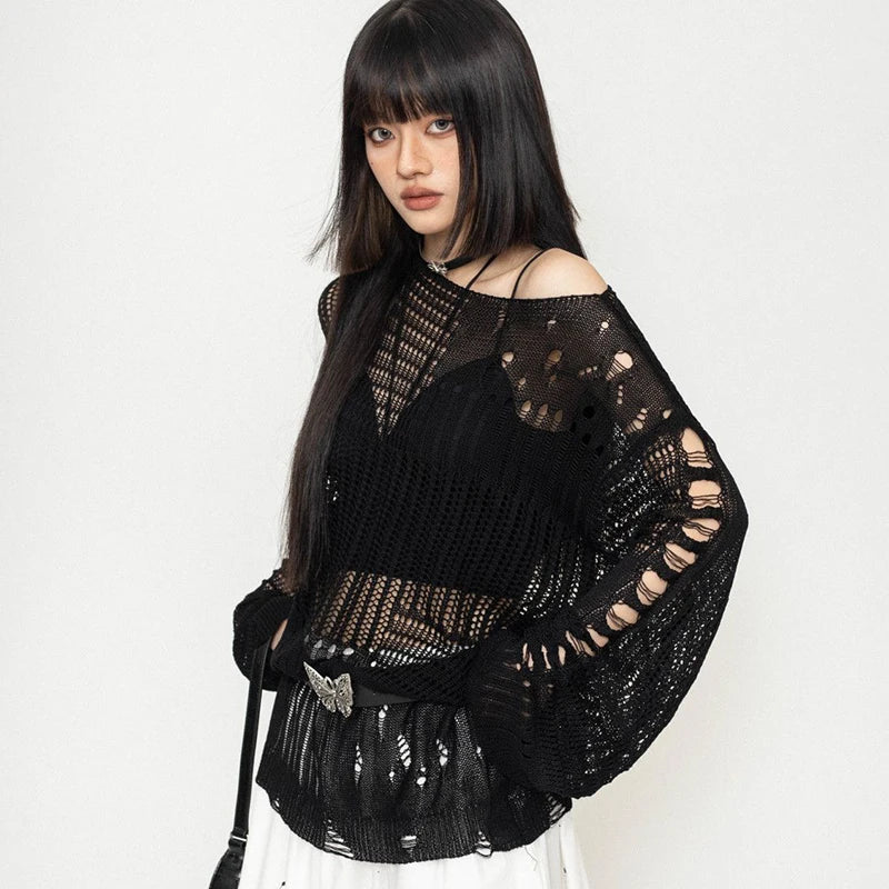 Y2K Oversize-Strickpullover mit Lochmuster