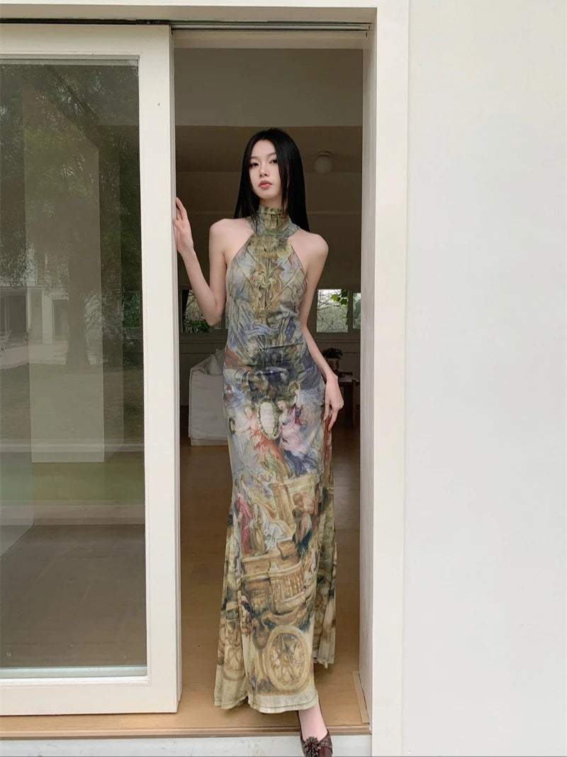 Y2K Renaissance Oil Painting Maxi Dress