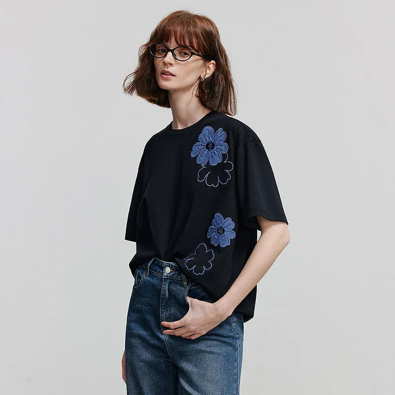 Damen Niedliches Blumen-Freizeit-Sommer-Kurzarm-T-Shirt