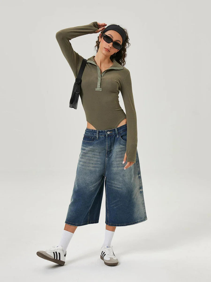 Short en jean rétro délavé à jambes larges