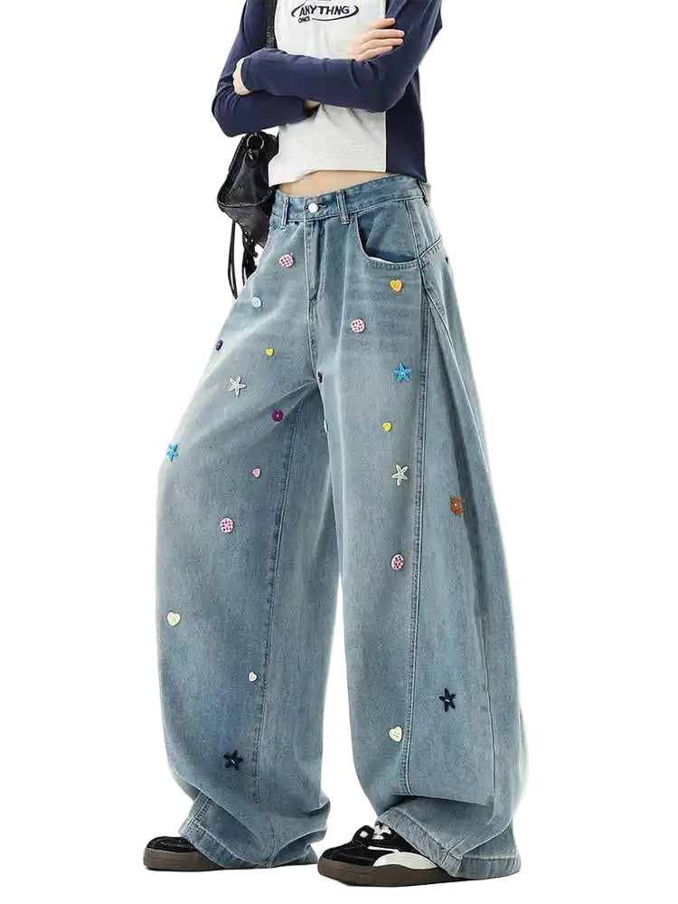 Stylish Star Embellished Curved Wide Leg Jeans