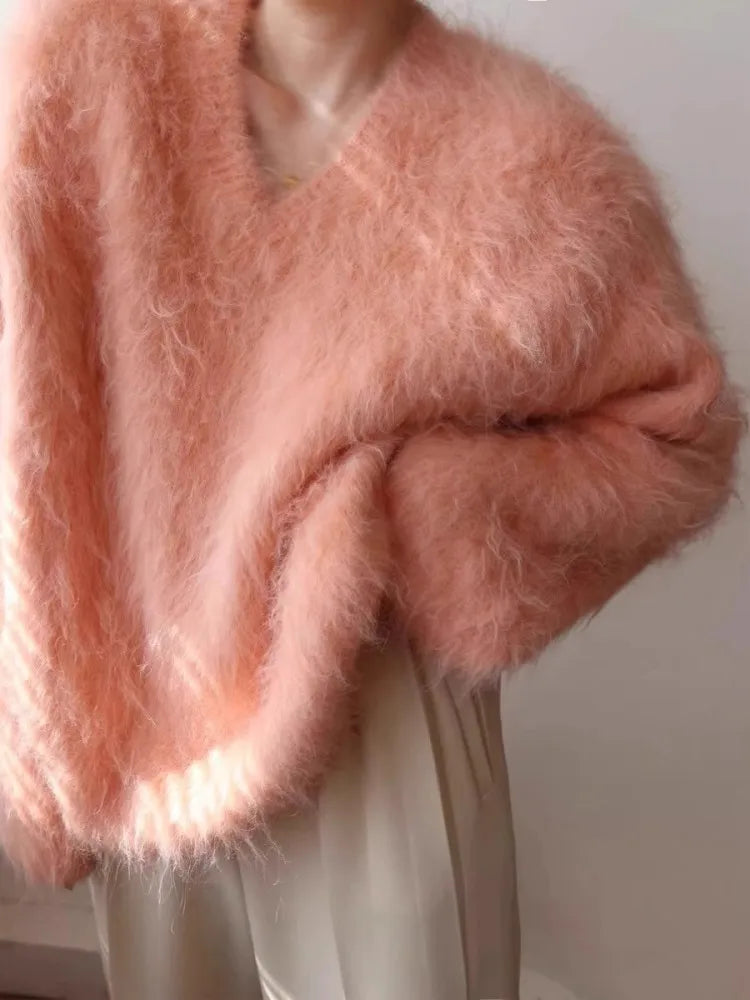 Zartrosa Langarmpullover aus Nerzwolle