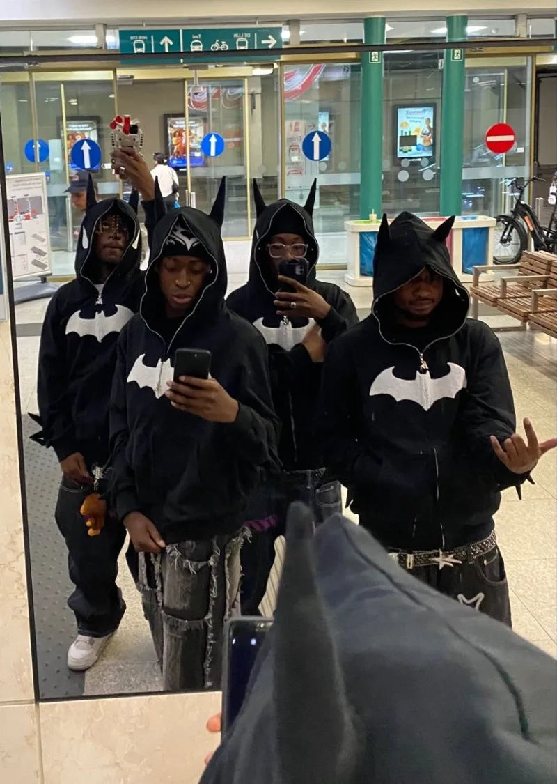 Y2K Oversized bestickter Batman-Hoodie mit Reißverschluss