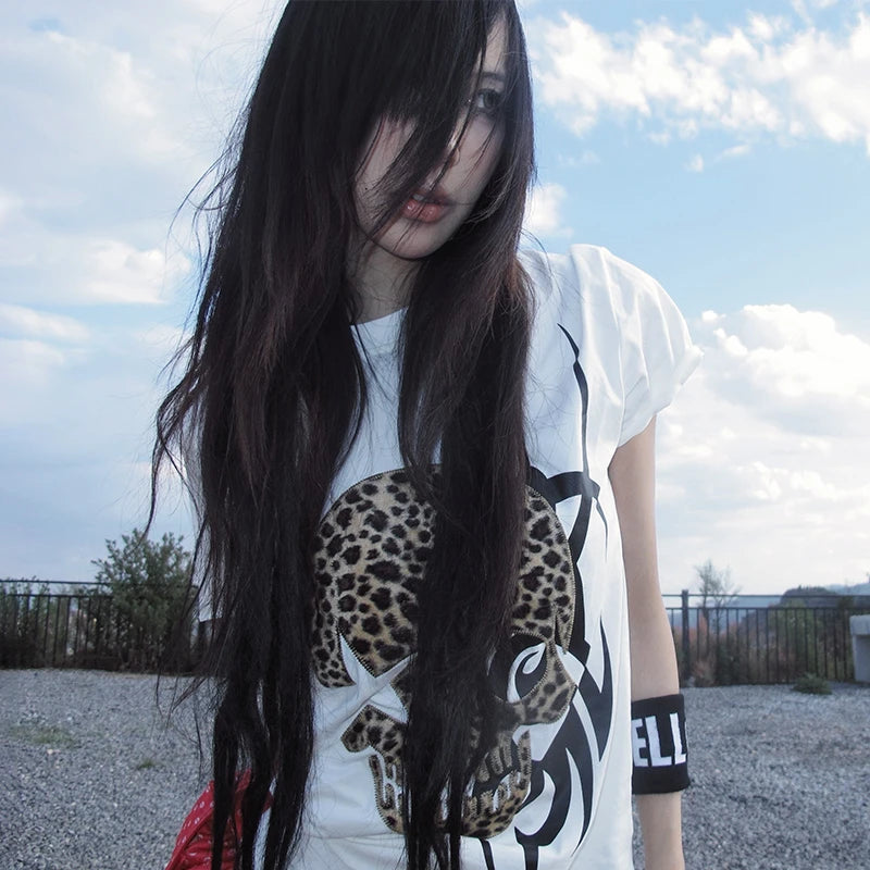 Grunge Y2K Totenkopf-Print Damen-T-Shirt