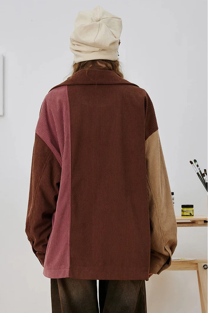 Veste de baseball en velours côtelé rayée et colorblock streetwear