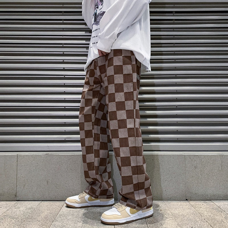 Jean en denim à carreaux marron