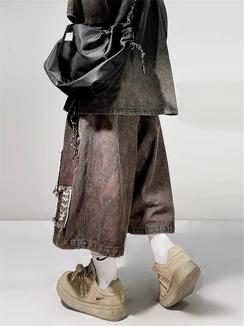 Vintage Jeansshorts mit Rissen, knielang