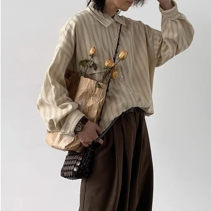 Chemise longue vintage rayée, ample et décontractée
