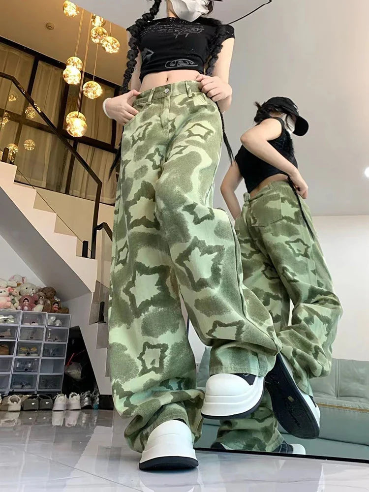 Women Green Star Camouflage High Street Jeans