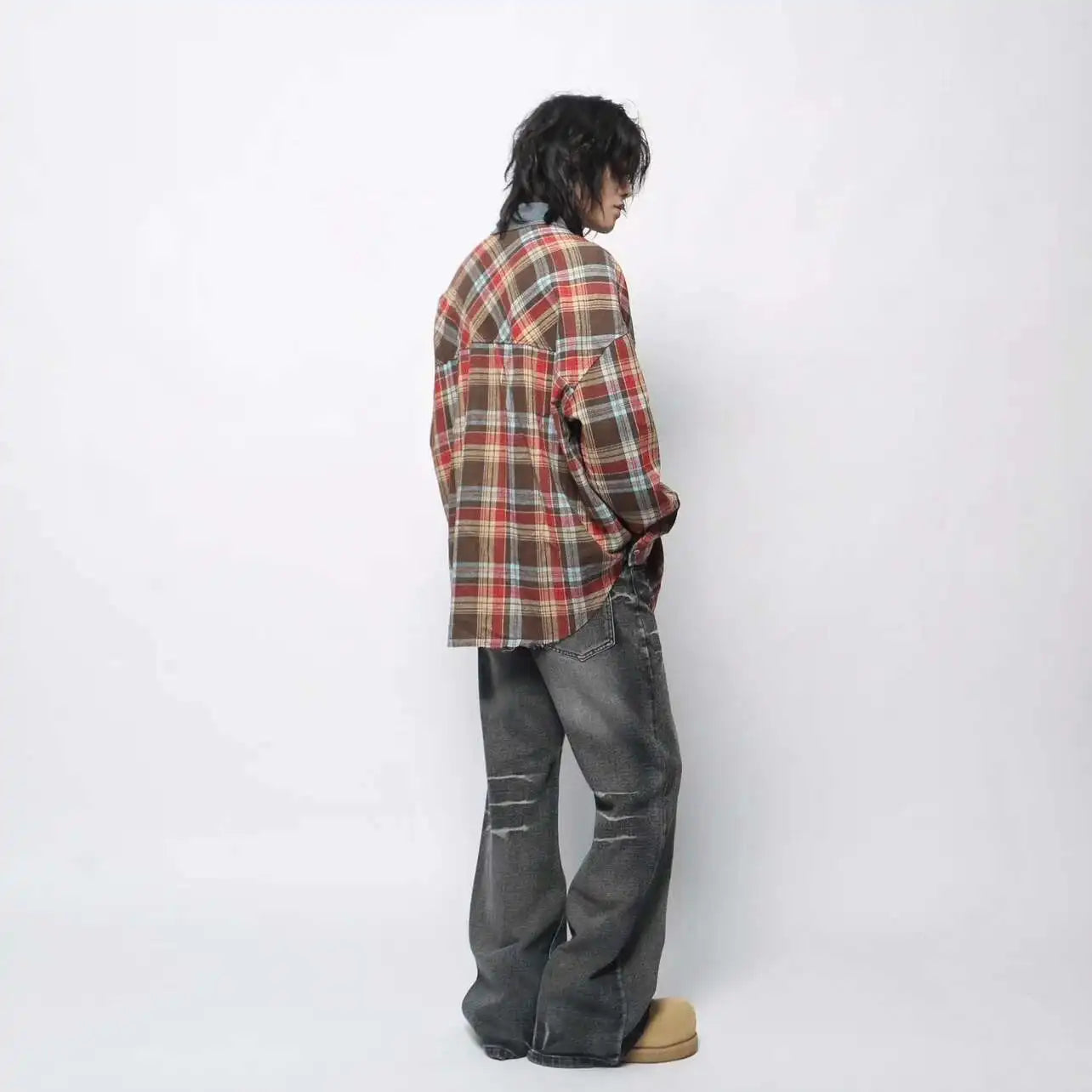 Fashionable Vintage Plaid Frayed Edge Long Sleeve Shirt