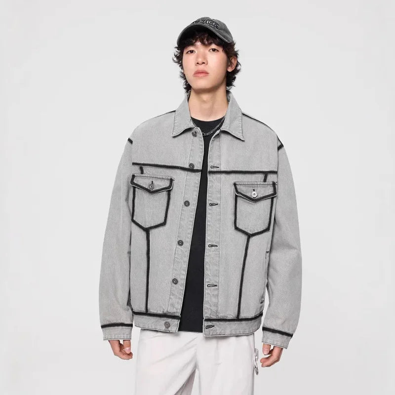 Graue Motorrad-Jeansjacke im koreanischen Vintage-Stil