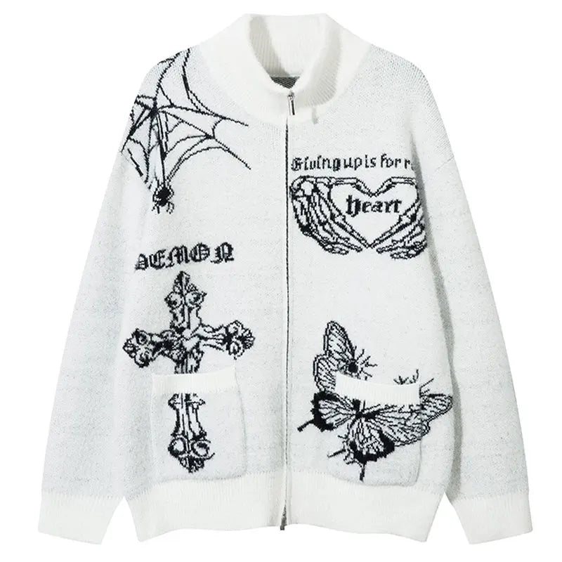 Y2K Knitted Butterfly Double Zip Up Sweater