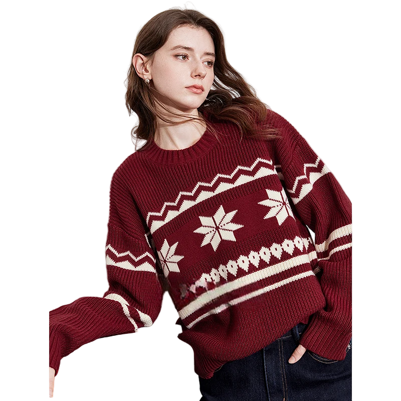 Kontrastfarbener roter Damenpullover mit Rundhalsausschnitt