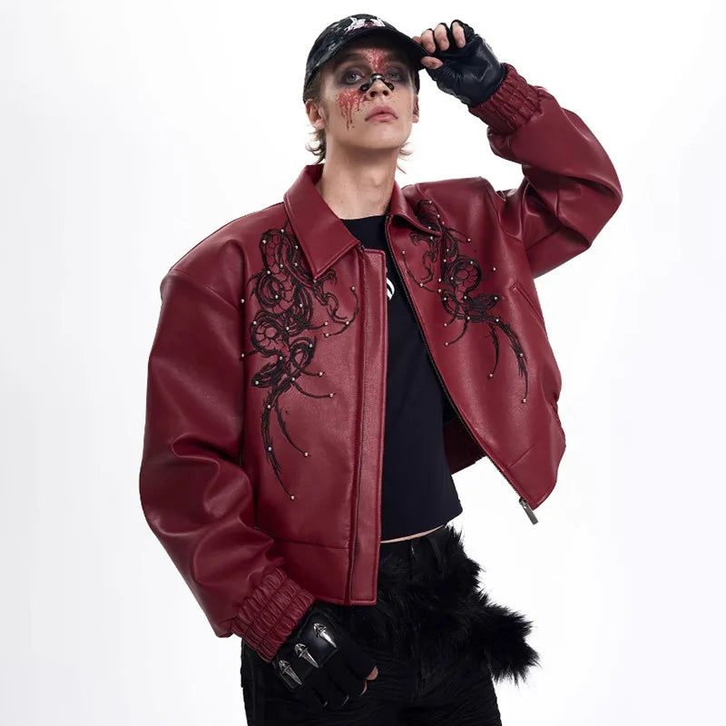Herren Premium Lederjacke mit Stickerei und Patchwork-Design