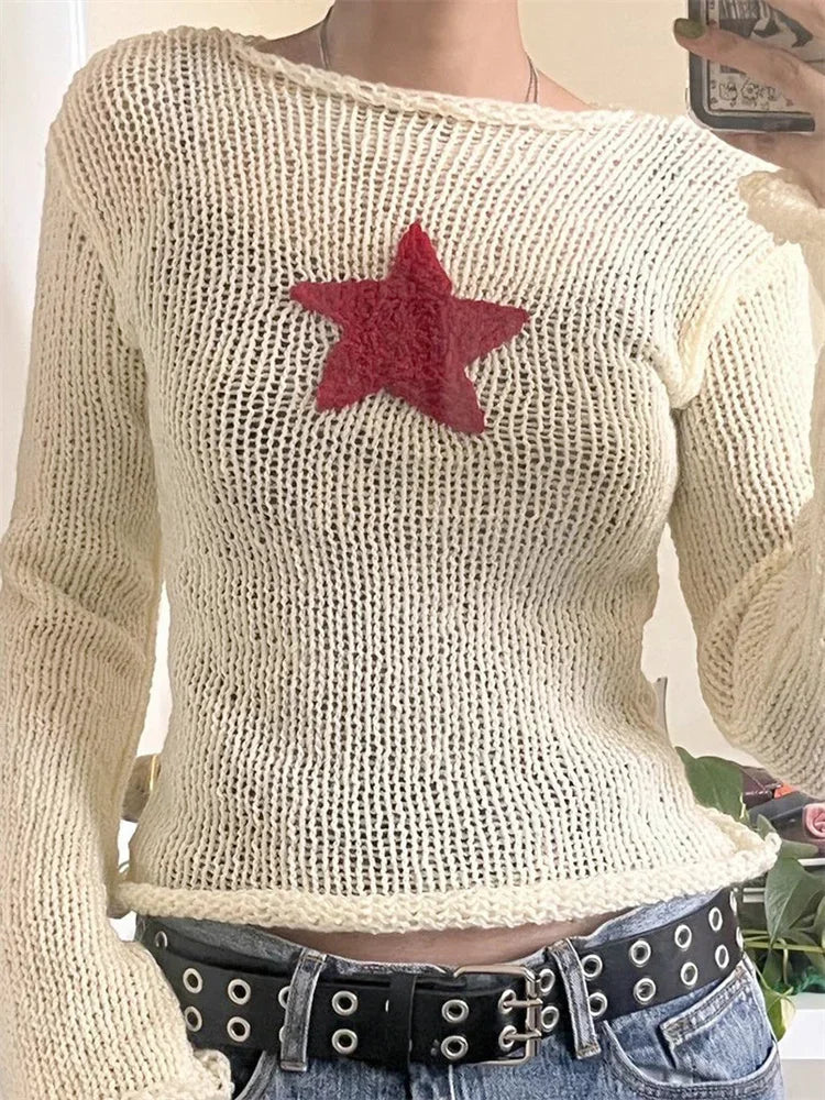 Y2K Streetwear Star Pattern Knitted Crew Neck Sweater