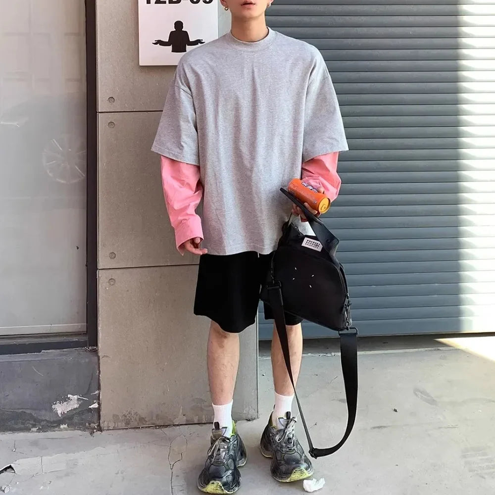 T-shirt oversize style coréen à coutures contrastées