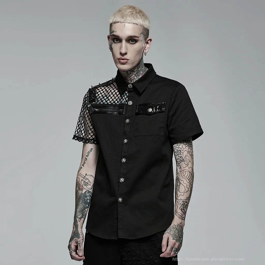 Gothic-Hemd mit asymmetrischem schwarzen Ghost-Button-Muster