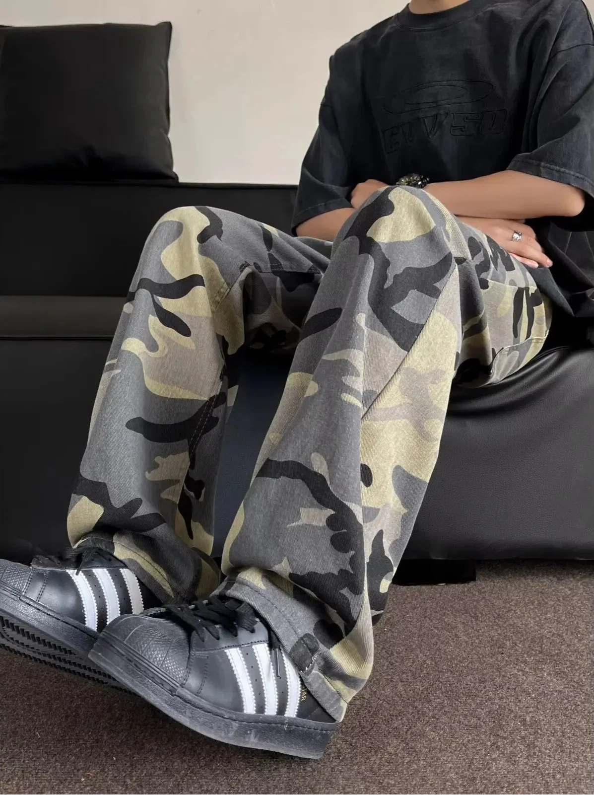 Vintage Streetwear Camouflage High Waisted Wide-Leg Jeans