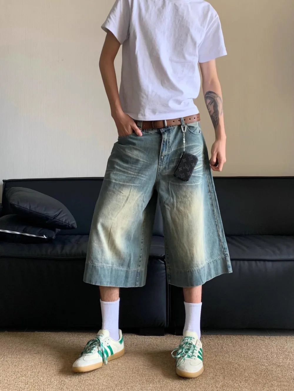 Short en jean bleu délavé à jambes larges