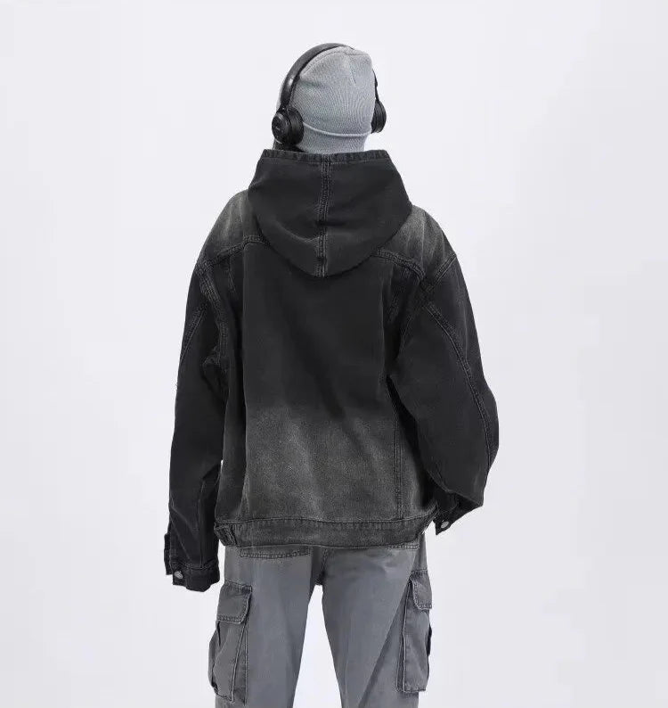 Streetwear American Style Retro Long Sleeve Denim Hoodie