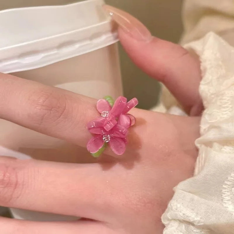 Bague extensible élégante en perles de verre à motif floral