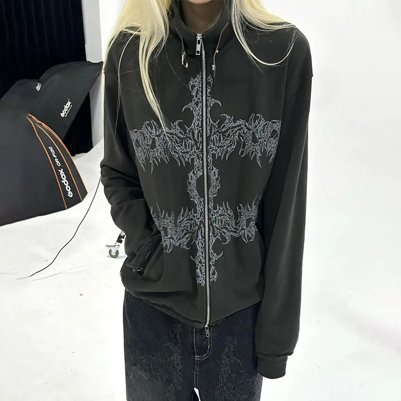 Chemise à fermeture éclair imprimée tatouage style grunge