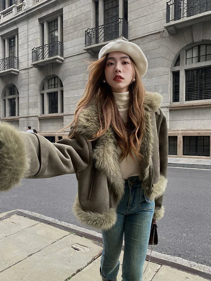 Veste classique chaude en similicuir suédé pour femme avec fermeture éclair