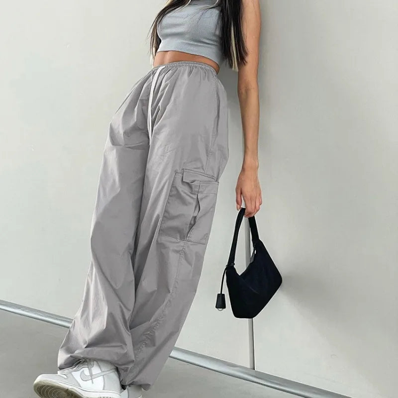 Pantalon cargo vintage taille haute jambes larges