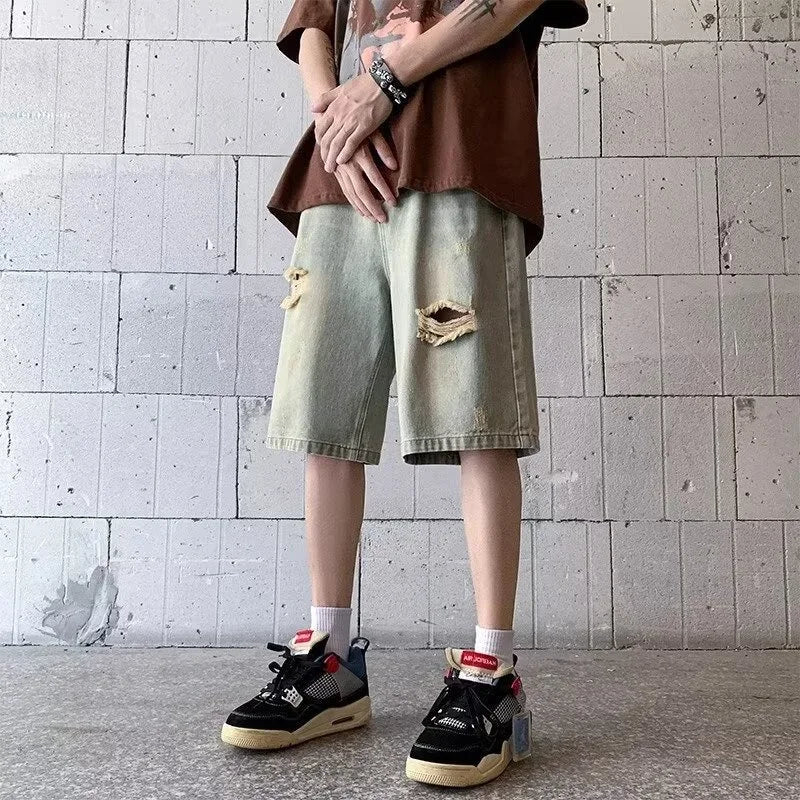 Vintage-Jeansshorts für Herren mit Used-Look und Kordelzug