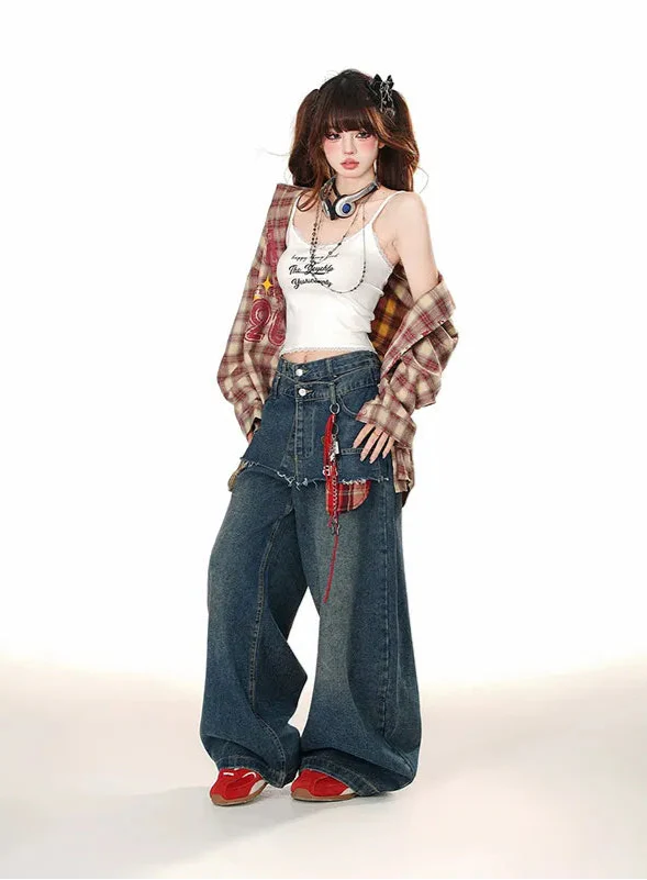 Beliebte Patchwork-Jeans für Damen mit weitem Bein