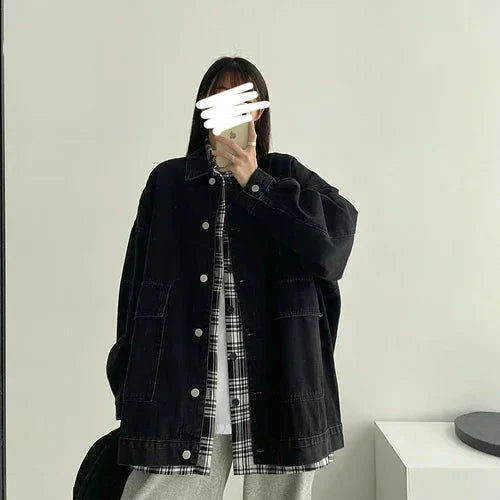 veste en jean noire ample à simple boutonnage